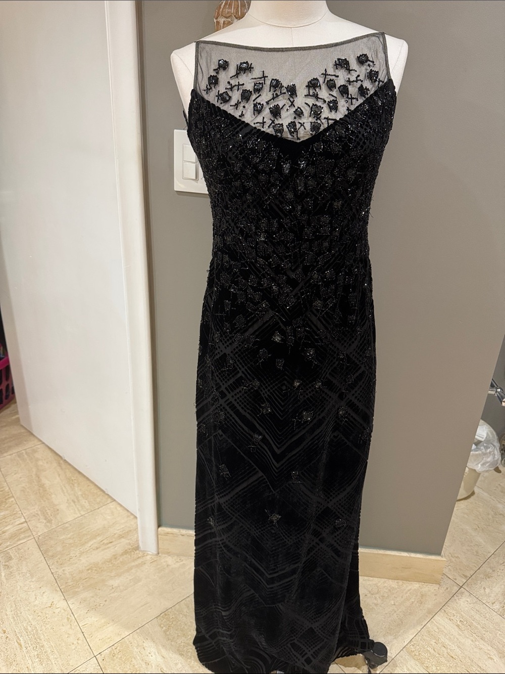 Badgley Mischka Black Beaded Maxi Dress with Illusion Yoke